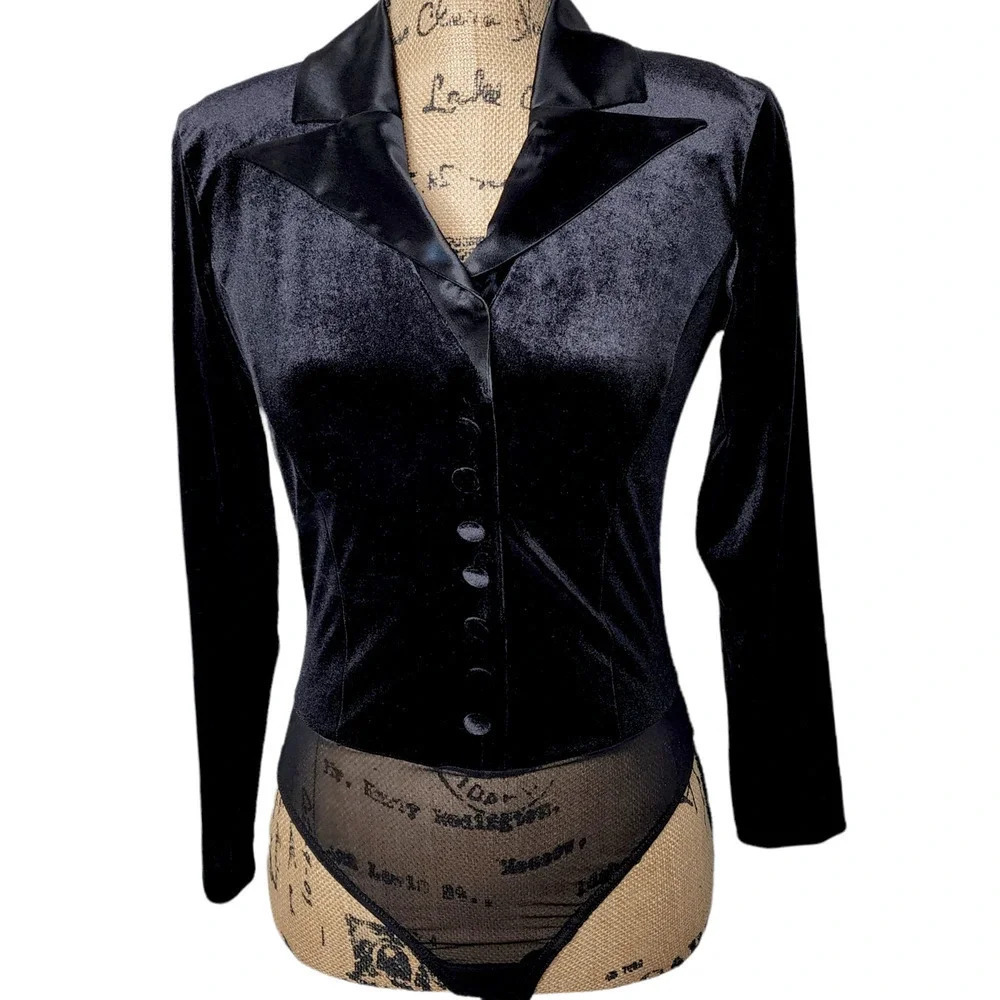 Sagaie France Vintage Womens Designer Satin Velor Tuxedo Body Suit Size 2 Black